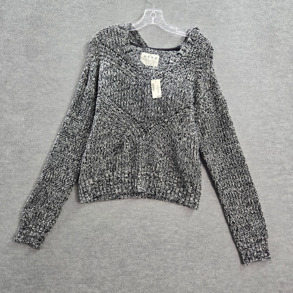 Aero Women‎ Sweater Large Black Large Crop Hooded Knit Long Sleeve V Neck NWT
